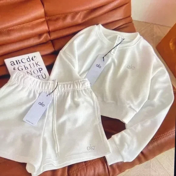 ALO Yoga Ivory Cropped Sweatshirt & Shorts Set - Picture 2 of 4